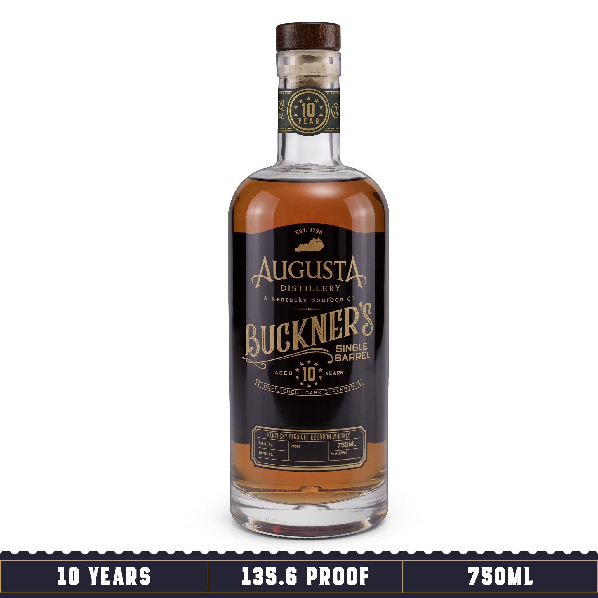 A bottle of Augusta Distillery Buckner's 10 Single Barrel Unfiltered Cask Strength Kentucky Straight Bourbon Whiskey 750ml 10 Years Old 135.6 Proof