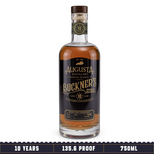 A bottle of Augusta Distillery Buckner's 10 Single Barrel Unfiltered Cask Strength Kentucky Straight Bourbon Whiskey 750ml 10 Years Old 135.6 Proof