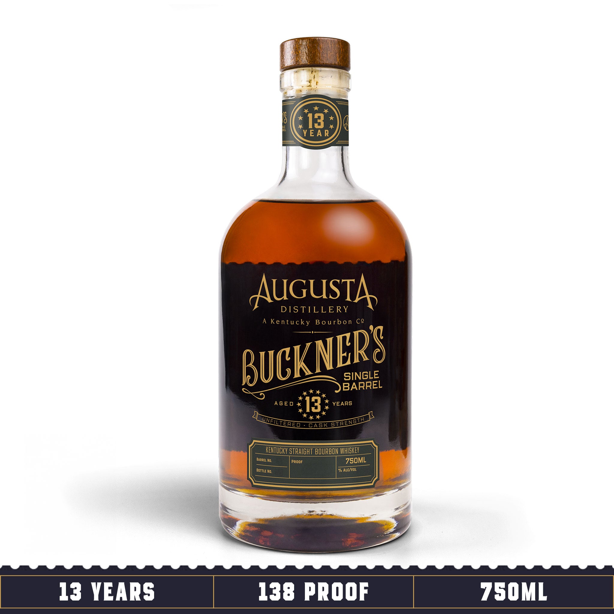 A bottle of Augusta Distillery Buckner's 13 Single Barrel Unfiltered Cask Strength Kentucky Straight Bourbon Whiskey 750ml 13 Years 138 Proof