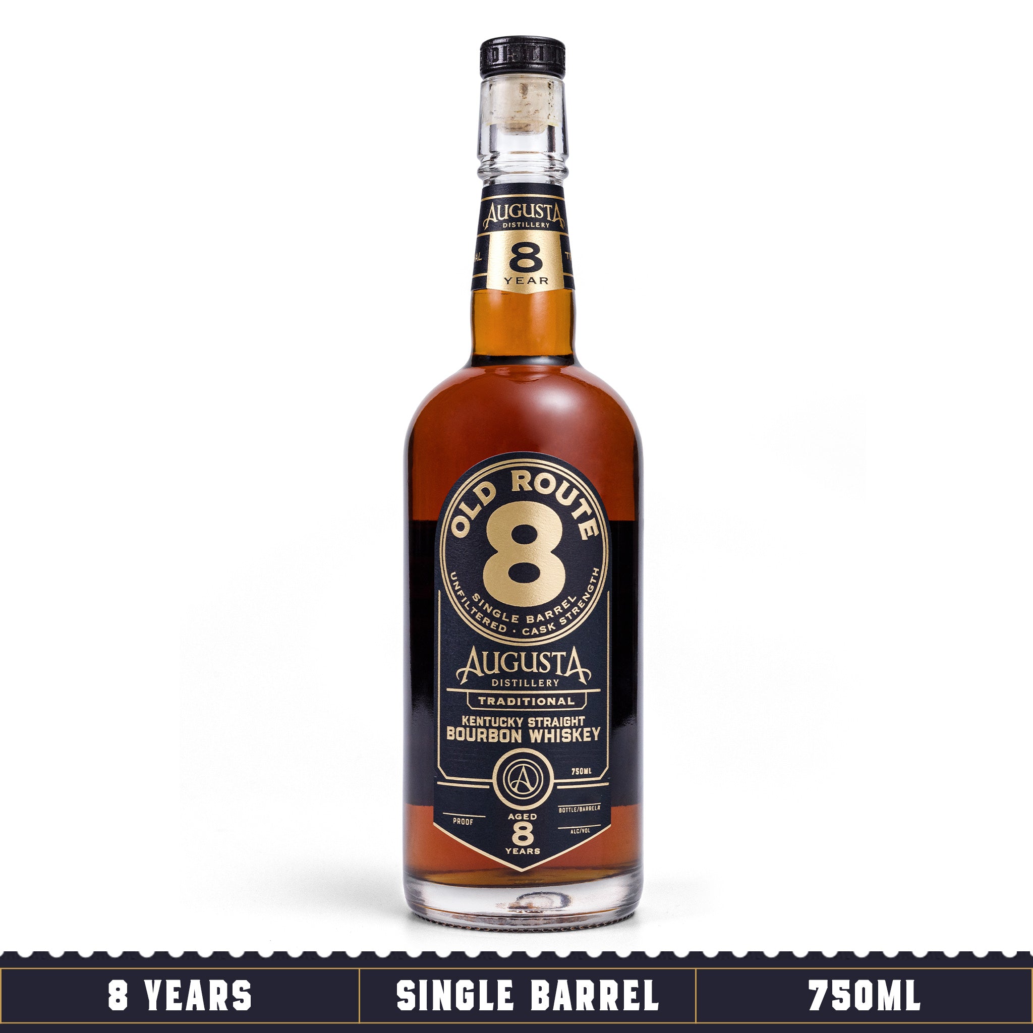 A bottle of Augusta Distillery Old Route 8 Single Barrel Unfiltered Cask Strength Kentucky Straight Bourbon Whiskey 750ml 8 Years Old