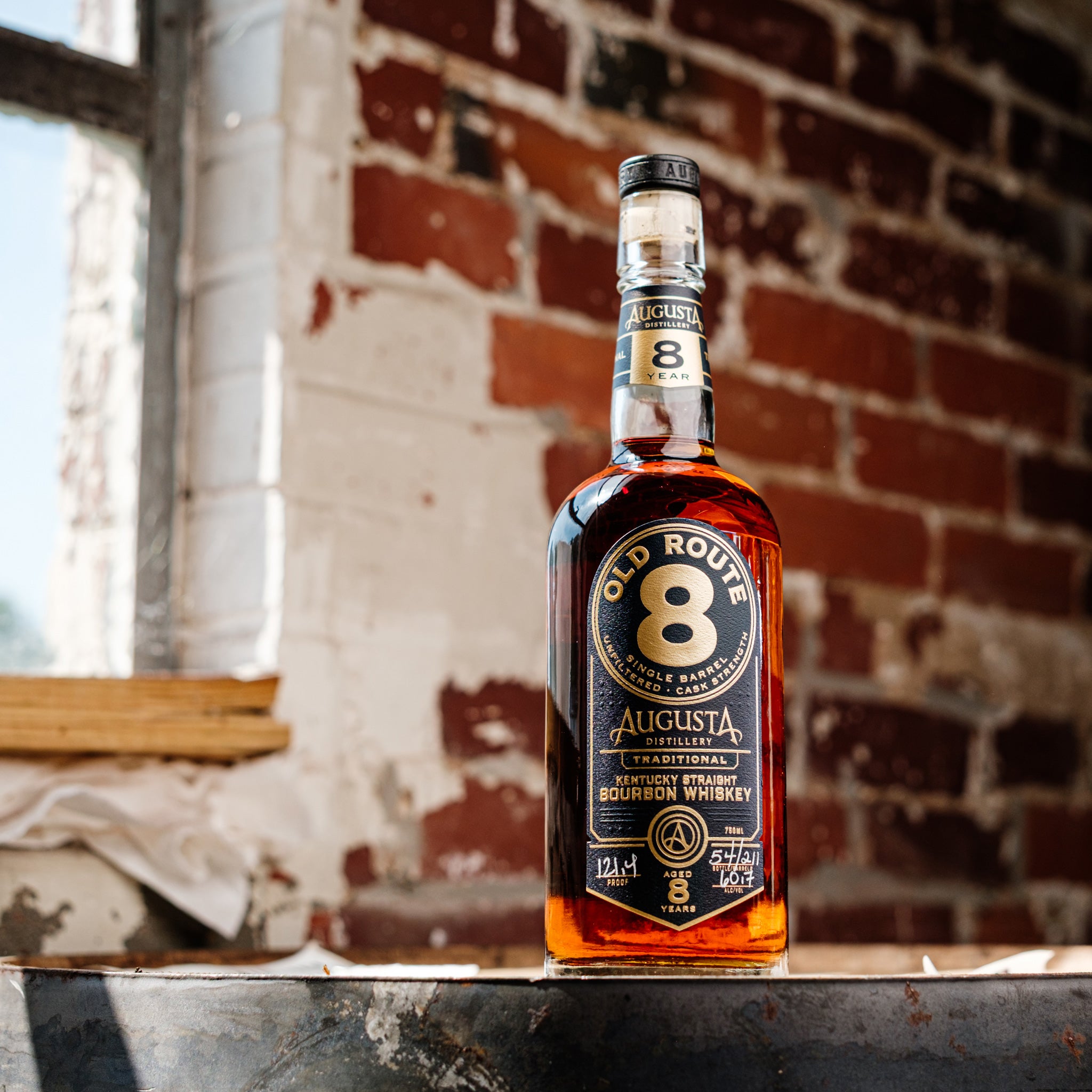 A bottle of Old Route 8 Years Single Barrel Kentucky Bourbon at the Augusta Distillery