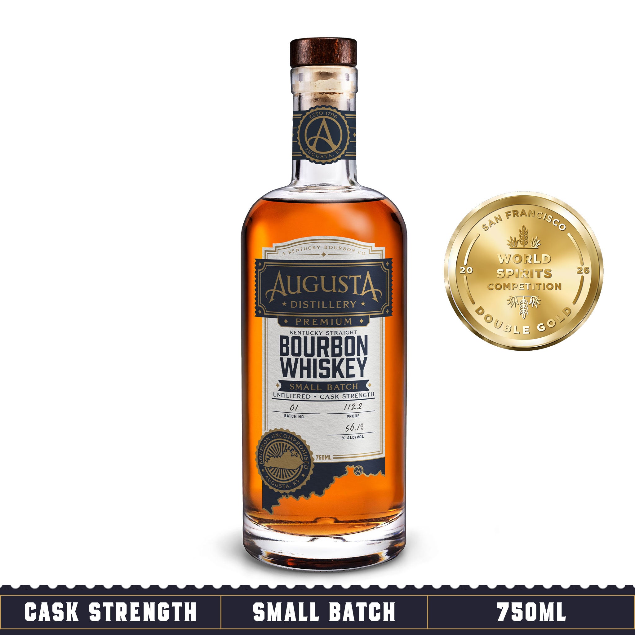A bottle of Augusta Distillery Small Batch Kentucky Straight Bourbon Whiskey Unfiltered Cask Strength 750ml with San Francisco World Spirits Competition 2026 Award