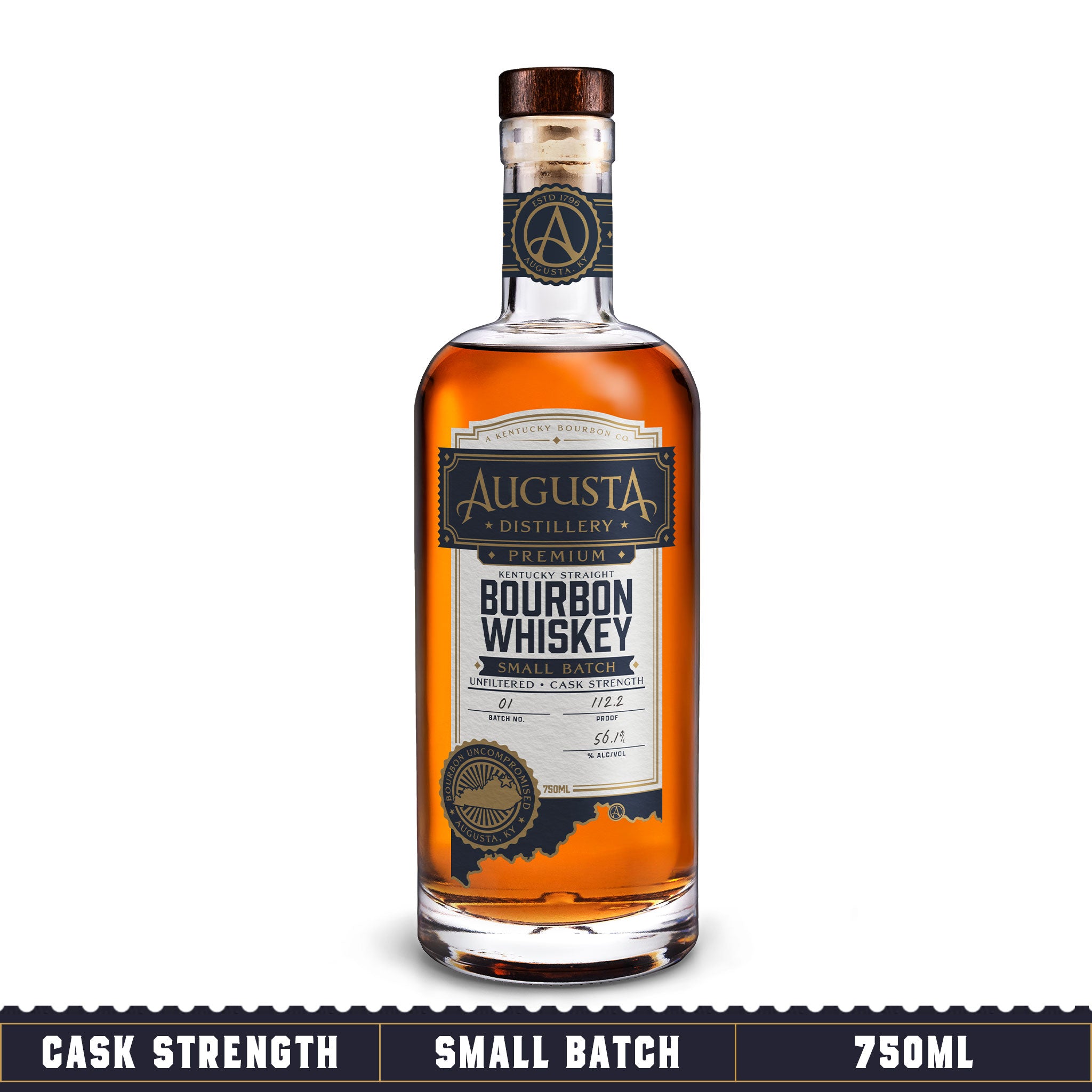 A bottle of Augusta Distillery Small Batch Kentucky Straight Bourbon Whiskey Unfiltered Cask Strength 750ml